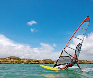 En person, der windsurfer på turkisblåt vand under en klar blå himmel. Det farverige sejl er vinklet mod vinden, og en frodig, grøn kystlinje ses i baggrunden.