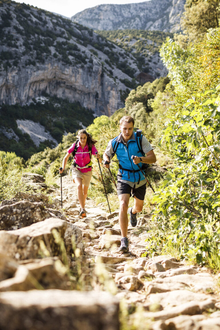 To mennesker, der vandrer energisk på en stenet sti i et bjergrigt landskab. Begge bærer vandreudstyr, herunder rygsække og bruger vandrestave. Baggrunden har grønt løv og et stort klippefyldt bjerg under en klar himmel.