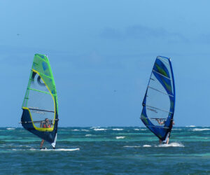 To personer, der windsurfer på en solskinsdag. Den ene har et grønt sejl og den anden et blåt sejl. Havet er roligt med små bølger, og himlen er klar med et par skyer.