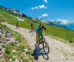 Cyklister kører på mountainbikes på en stenet sti gennem en frodig grøn dal, omgivet af sneklædte tinder under en klar blå himmel. Denne sportsferie indfanger et pulserende udendørseventyr, der fremhæver den naturlige skønhed og spændingen i det bjergrige terræn.
