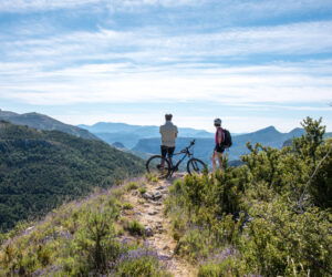 To cyklister står på en stenet bakketop med udsigt over et stort landskab af grønne skove og fjerne bjerge under en klar blå himmel. Den ene cyklist holder en cykel, mens den anden stirrer ud i landskabet.