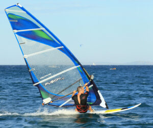 Person windsurfing på havet med et blåt og grønt sejl. Windsurferen er vinklet over brættet, mens de glider over vandet. Klar blå himmel og fjern horisont i baggrunden.