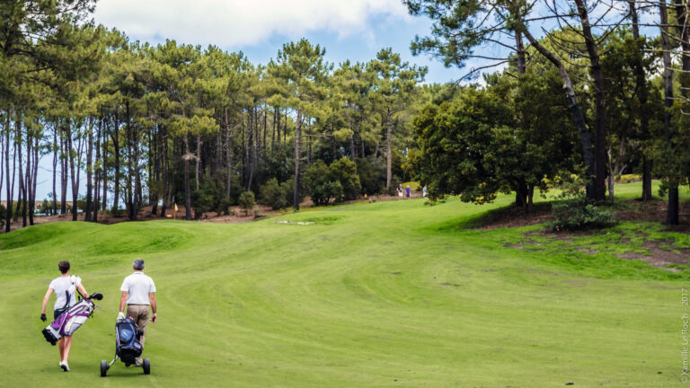 To personer, der går på en frodig grøn golfbane, og skubber hver sin golfvogn. De er omgivet af høje træer under en delvist overskyet himmel.