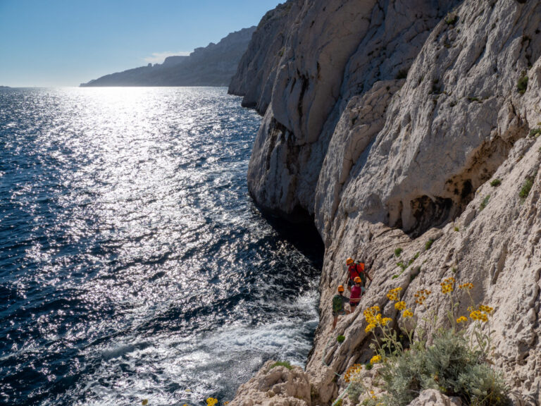 En person i klatreudstyr bestiger en klippeklippe ved siden af et glitrende blåt hav under en klar himmel. Gule blomster vokser på klipperne, og sollyset kaster refleksioner på vandet.
